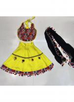 Art Silk Lemon Yellow Navratri Wear Kutchi Work Readymade Kids Lehenga Choli